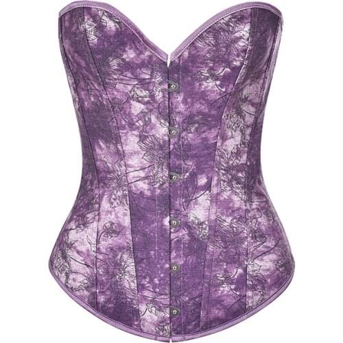 Purple Floral Printed Denim Jeans Women Corpetes Corseletes E Espartilhos Sexy Bustier Top Gothic Clothing Overbust Corset Femme