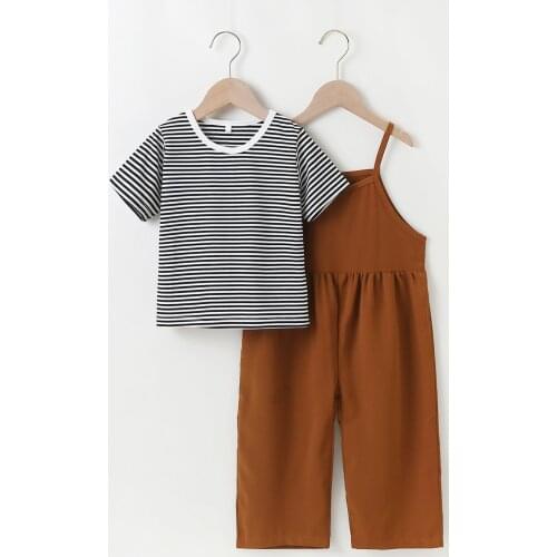 FOCUSNORM 2-7Y Summer Kids Girls Causal Clothes Sets 2pcs Striped Printed Short Sleeve T Shirts Solid Overalls Pants