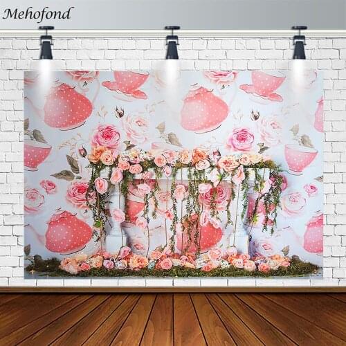 Mehofond Girl Birthday Party Backdrops Pink Tea Set Florals Decor Photography Background Photo Studio Photozone Photophone Props