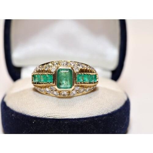 Perfect Vintage 18k Yellow Gold Natural Diamond And Emerald Decorated Pretty Strong Ring