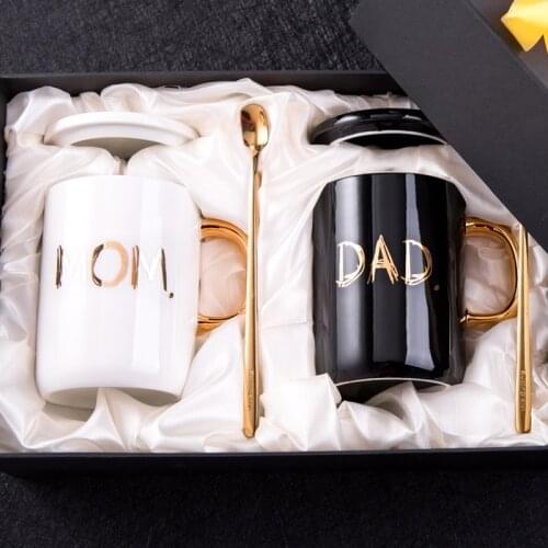 400ML Mom and Dad Coffee Mug With Lid Spoon 2020 New Simple Ceramic Gifts Mugs Cups for Mother Father