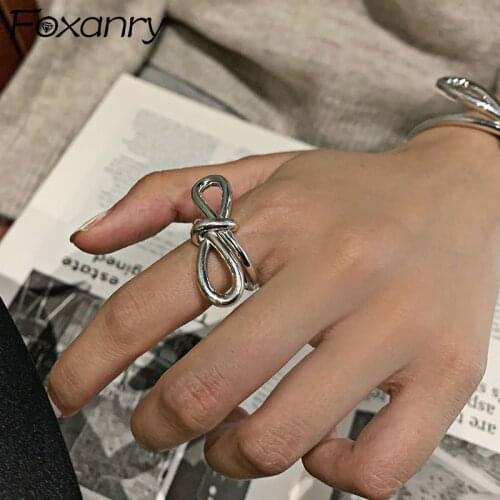 Foxanry 925 Sterling Silver Rings Exaggerated Jewelry New Fashion Creative Woven Bow Chain Vintage Punk Party Accessories Gifts