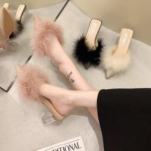 Transparent Thick high heels fur slippers women 2021 sandalias summer shoes woman pumps pointed toe slides sequined cloth mules