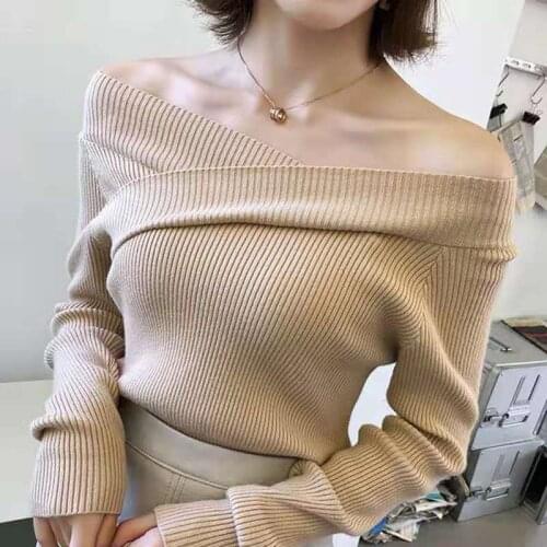 2021 Autumn and Winter New Womens Sweater Korean Slim Bottom Knitwear Long-sleeved Tops Off-the-shoulder Sweater Woman 16035