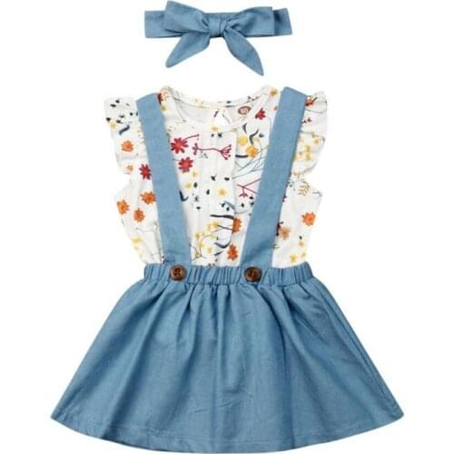 Baby Girl Clothes Sweet Toddler Baby Girl Clothes Flying Sleeve Floral Print Shirt +Strap Skirt +Headband 3pcs Outfit