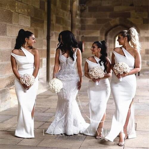 Simple White Satin Mermiad Bridesmaid Dresses One-shoulder Wedding Party Gowns Side Split Prom Gowns Plus Size Dresses