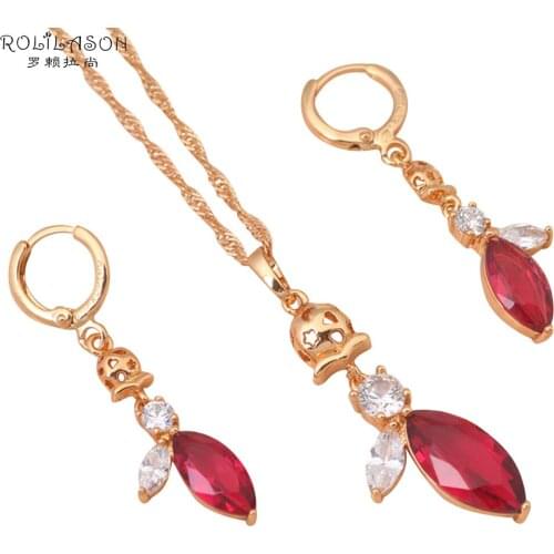 Rose Zircon crystal charming Gift gold Tone Rose Zircon Crystal Jewelry Sets Earrings Necklace Fashion Jewelry JS400