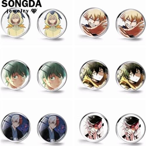 SONGDA Newest My Hero Academia Stud Earrings Otaku Collection Handmade Art Photo Glass Cabochon Earrings Anime Jewelry for Fans