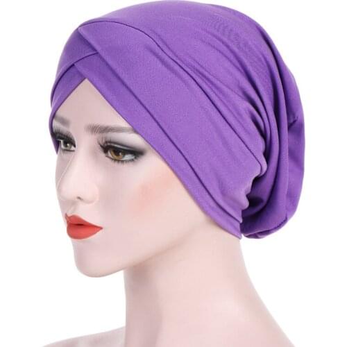 New femme Muslim stretch Cross turban cap plain wrinkle Sleep hat solid color head scarves Chemo Hair Loss Wrap Soft Beanie Hat