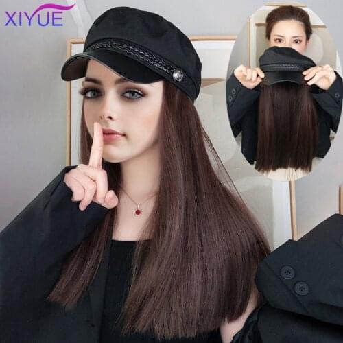 XIYUE Navy Hat With Hair Long Straight Fake Hair Hat Wig Synthetic Hair Extensions Hat With Hair Natural Hairpiece For Women