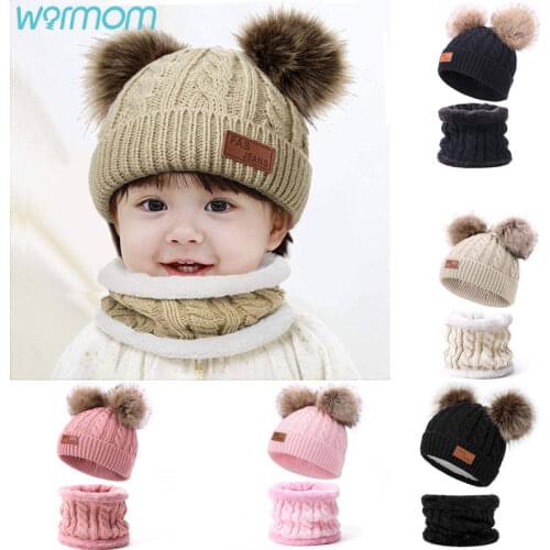 Warmom Toddler Winter Hat Scarf Set for Baby Girl Infant Warm Knitted Fleece Lined Skiing Cap Lovely Pompom Kids Beanie 0-24M
