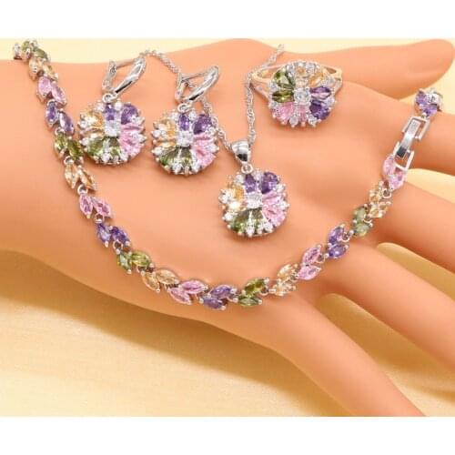 XUTAAYI Jewelry Sets For Women Sterling Silver Multicolor Stones Cubic Zirconia Earrings/Pendant/Necklace/Ring/Bracele
