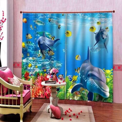 Underwater World Ocean Animals Fish Dolphin Curtain For Childrens room Polyester Fabric Print Blackout Drapes Decor Sets