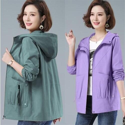 2021 Spring Autumn New Hooded Casual Windbreaker Coat All-match Thin Lady Tops Womens Jacket With LiningPlus Size Female Loose