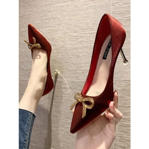 2021 spring and autumn new ladies pointed toe stiletto high heels all-match bow pump shallow shoes