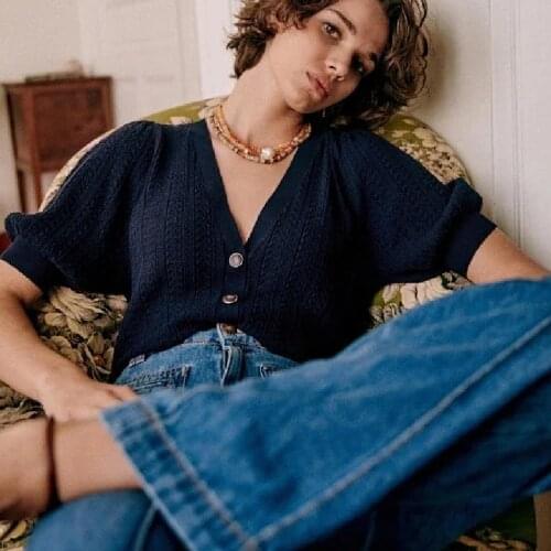 2021 Spring Womens Knit Cardigan Elegant Lady V-Neck Short Puff Sleeve Hollow Out Knitwear Short Sweater and Tops with Buttons