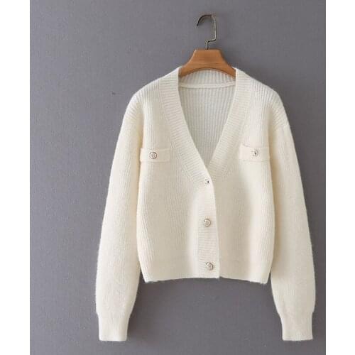 MESTTRAF Women 2021 Fashion Pure Color Small Fragrant Wind Knit Cardigan Sweater Retro Long Sleeve Coats Streetwear