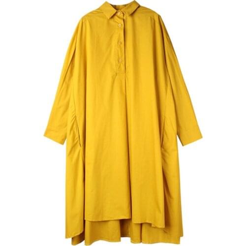 Plus size dresses for women 2020 autumn midi Dress long Sleeve shirt turn down collar pure color loose shirt dress cotton woman