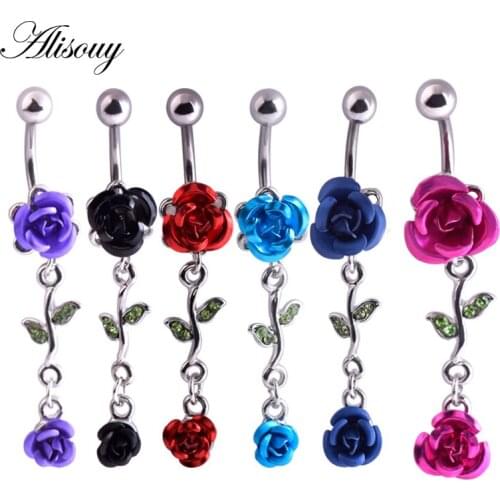 Alisouy 1PC Rainbow rose Flower Belly Piercing Belly Button Rings Navel Piercing Ombligo Belly Ring Earring women Body Jewelry