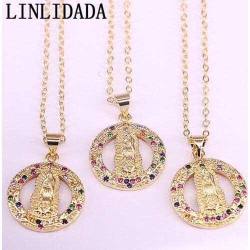 10Pcs Round Shape Rainbow CZ Micro Pave Religious Charms, Gold Plating Jesus Virgin Mary Pendant Necklaces