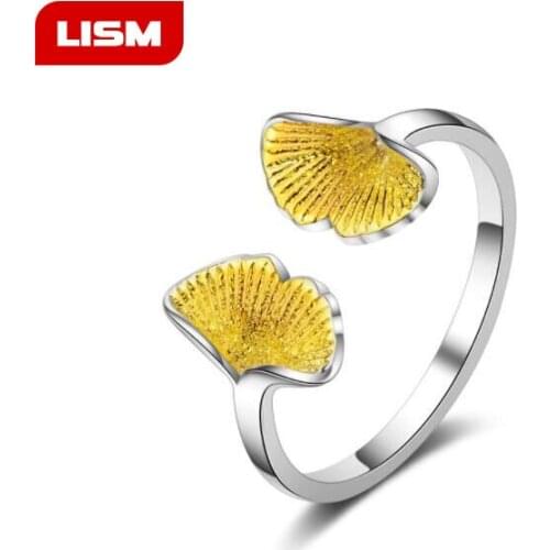 925 Jewelry Best Friends Rings For Girls Adjustable Real Solid 925 Sterling Silver Ginkgo Leaf Ring Jewelry