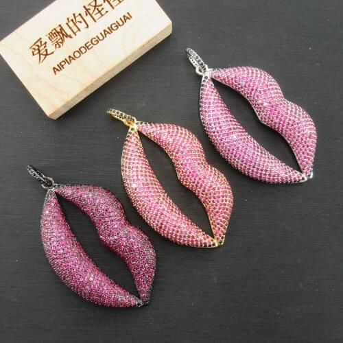 APDGG 30x52mm Hot Lips Gold plated cubic zircon CZ Paved Connector Charms necklace pendant Jewelry DIY Jewelry Findings
