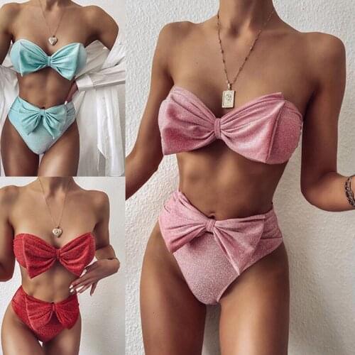 High Waist Bikinis knot Swimsuits Bandeau Swimwear Women Shiny Bow Biquini Solid Strapless Bathers Bathing Suit Women monokini