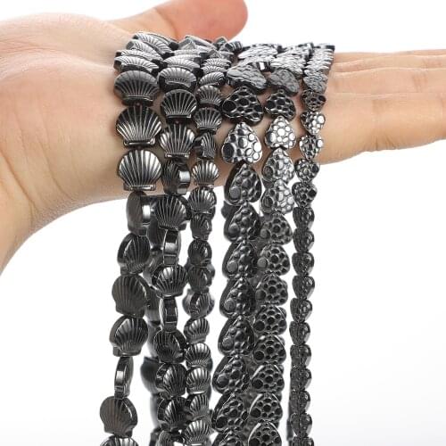 Shell Print Heart Black Hematite Natural Stone Beads Loose Spacer Beads for Jewelry Making DIY Bracelets Necklace Accessories