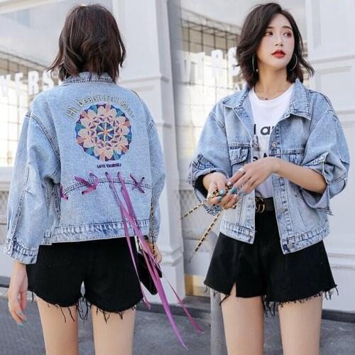 2021 Fashion The New Loose Heavy Work Embroidery Drawstring Short Paragraph Denim Jacket Free Shipping