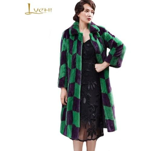 LVCHI Winter 2019 Import Mink Fur Coats Green Geometric Womens Natural Fur Nine Quarter Print Long Mandarin Collar Mink Coats