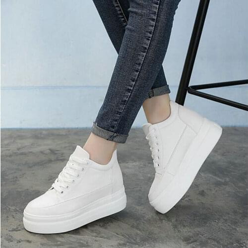 Black Height increasing Wedges Breathable flats Hollow Women Sneakers PU Casual Platform Trainers White Shoes 7CM Heels 365