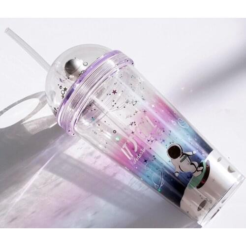 420ml Cute Water Bottle Insulated Double Wall Cup with Removable Straw 3D Space Doll Decoration Space Cup Free Shipping Items