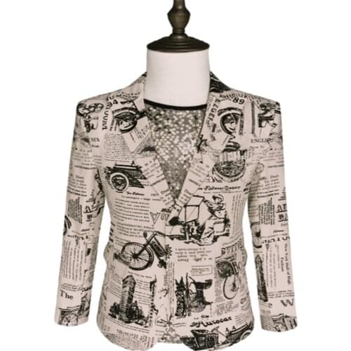 Men New Retro Vintage Newspaper Print Casual Blazer Hombre Men DJ Singer Night Club Slim Fit Suit Jacket Prom Party Costume
