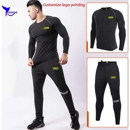 2020 Long Sleeve Shirts+Sweatpants 2 Pcs Sports Suit Men Quick Dry Stretch Running Set Gym Fitness Training Sportswear Custom