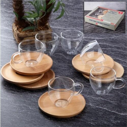 Glass Turkish Coffee Set Set in Espresso Patterned Wooden Plate Coffeeware Arabic Coffee Cup Set Tea Cup Set 12 Pieces 6 per