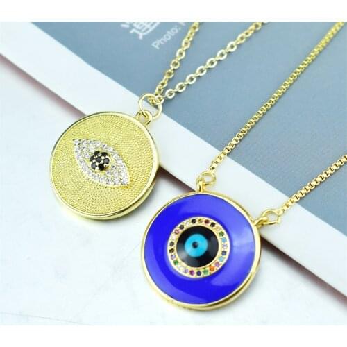 Top Quality Cubic Zirconia Encrusted Turkish Evil Eye Round Fashion Trendy Girl Lady Micro Pave CZ Copper Pendent Necklace Gift