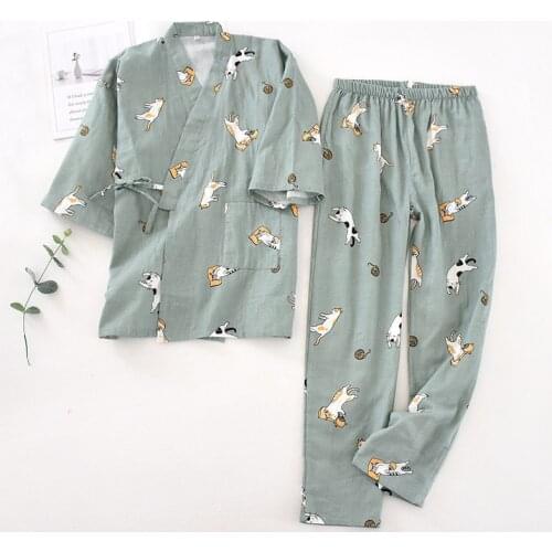 2PCS Japanese Style Pajamas Clothing Set Kawaii Printed Kimono Yukata Cotton Steaming Wear Pajamas Man Woman Bathrobe Nightgown