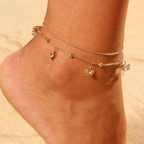 Simple Dragonfly Flower Heart Anklets Double Layer Sandals Foot Leg Ankle bracelet Women’ Accessaries