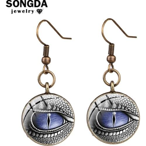 SONGDA Eye of the Dragon Statement Earrings Lifelike Eyeball Print Glass Cabochon Dangle Earrings Gothic Witch Ear Drop Jewelry