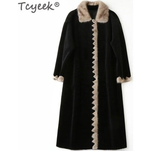 Tcyeek Sheep Shearing Fur Coat Winter Jacket Women Natural Wool Parka Real Mink Fur Collar Autumn Spring Long Clothes LWL1369