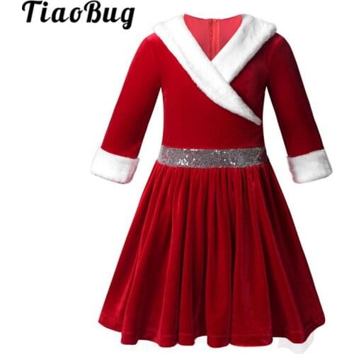 TiaoBug Kids Long Sleeve Faux Fur Trim Red Soft Velvet Flower Girl Dresses Christmas Party Robe Ball Gown Communion Xmas Costume
