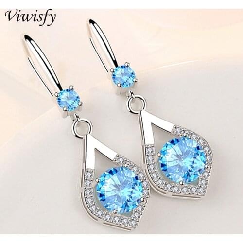 Viwisfy Blue Crystal Water Drop Dangle Earrings Women 925 Sterling Silver Drop Earrings For VW21208