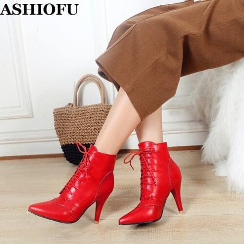 ASHIOFU New Hot Sale Handmade Womens High Heels Boots Faux-leather Cross Shoelace Ankle Booties Large Size Fashion Short Boots