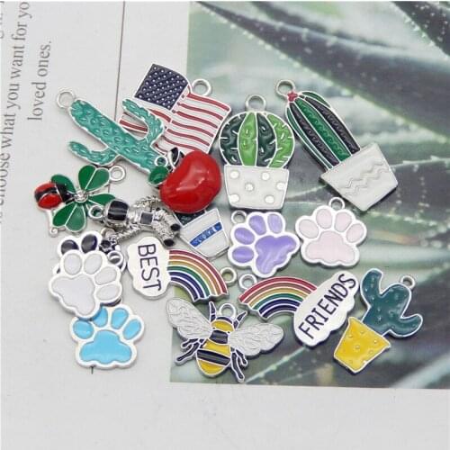 10pcs Mix Enamel Alloy Charms Silver Metal Pendant women Jewelry earrings necklace keychain bracelet Cactus Rainbow Flag Animal