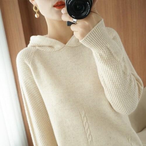 100% Pure Wool New Cashmere Sweater Womens Hooded Collar Solid Color Pullover Fashion Plus Size Warm Knitted Bottoming Shirt