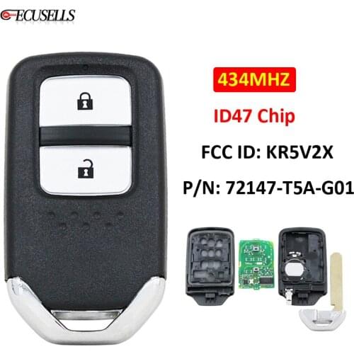 2 Button Remote Smart Car Key 434Mhz ID47 Chip for Honda CR-V HR-V Fit City Jazz Crider FCC ID: KR5V2X P/N: 72147-T5A-G01