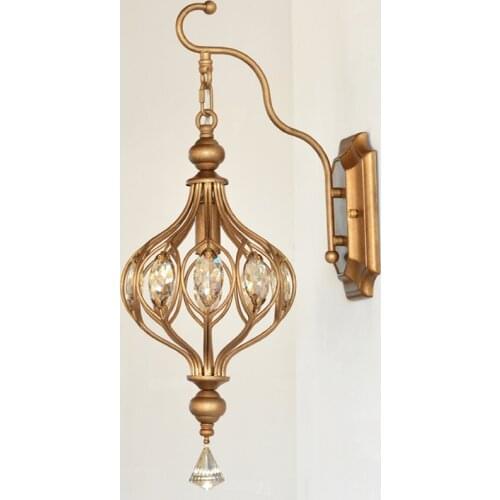 American Light Luxury Crystal Wall Lamp Creative Living Room Bedroom Wall Light Retro Country Bedside Iron Lamp Indoor LED Light