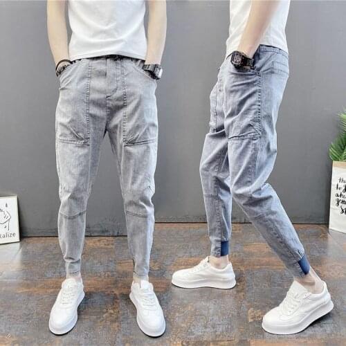 Classic Jeans Mens Denim Straight Hip-hop Torn Black Summer Mens Thin Section Casual Feet Solid Color Stretch Beam Pants