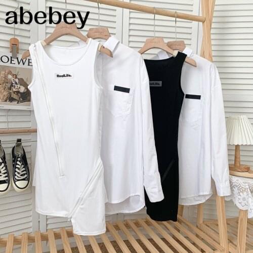 Fashion turn down collar long sleeve loose Shirt Top + irregular zipper short Vest Dress two-piece set 2021 New Spring Autumn