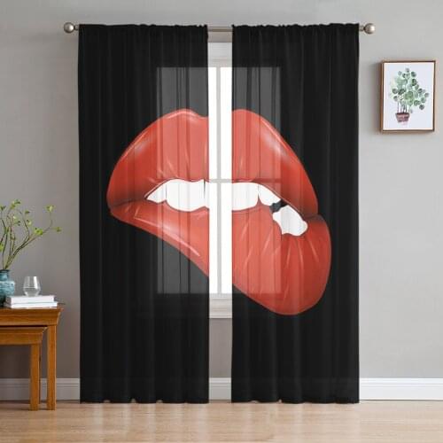 Bite Lips Red Lips Teeth Print Sheer Window Panel Curtains Room for Living Room Bedroom Kitchen Room Chiffon Tulle Curtains